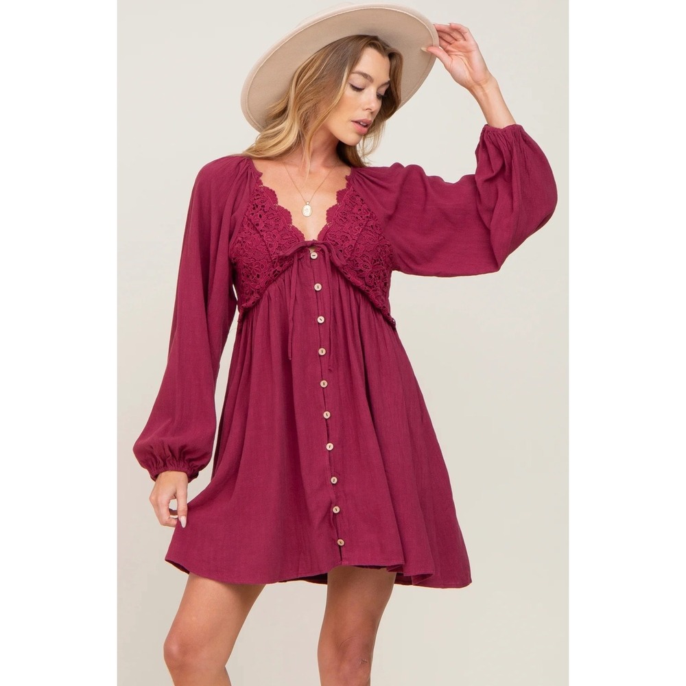 Maroon Crochet Button Mini Dress Whimsy Fairy Boho Peasant Women's Size Small